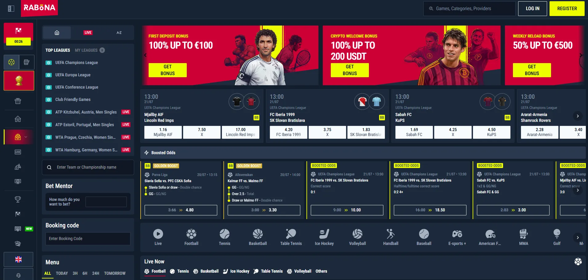 Rabona sportsbook sports menu with football, tennis and basketball