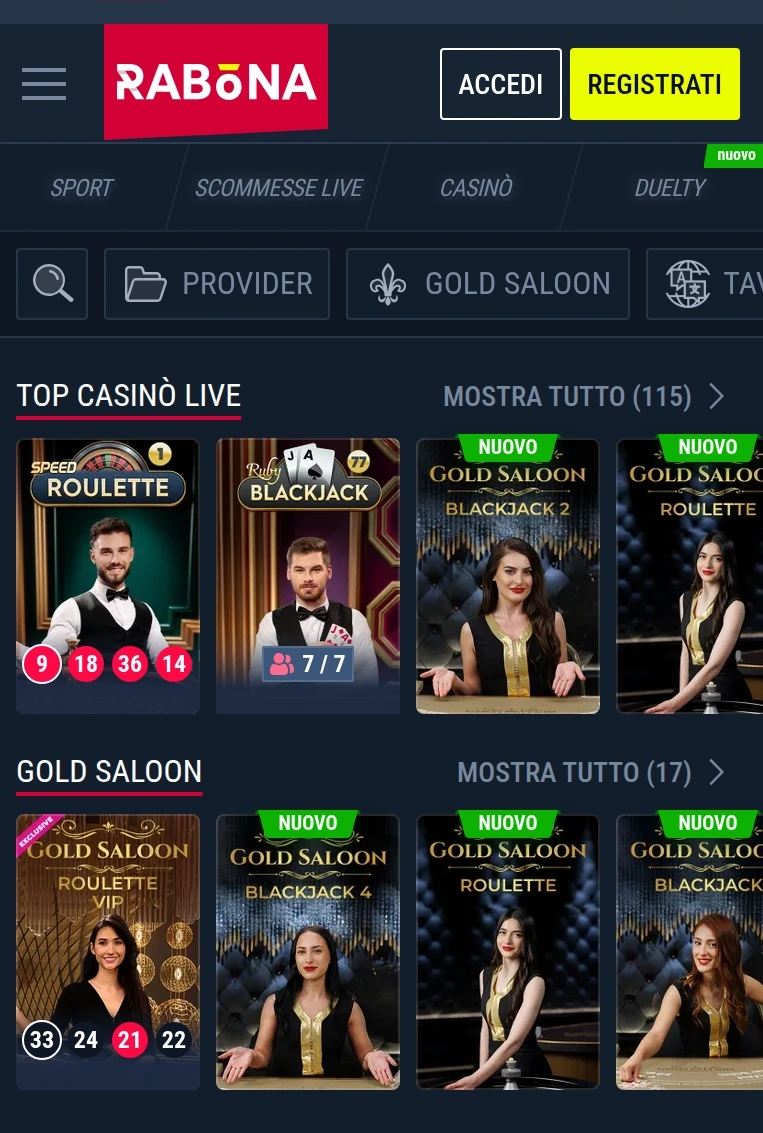 Casinò live nel sito mobile Rabona