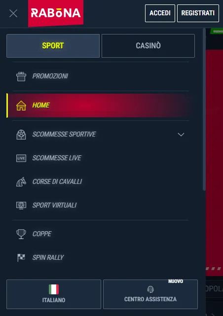 Menu e sezioni del sito mobile Rabona