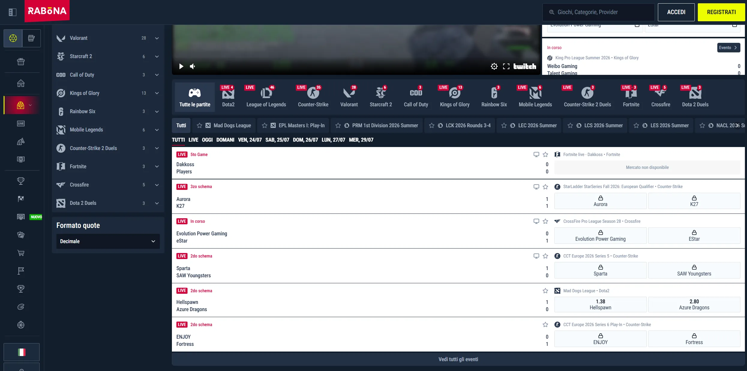 Menu esports Rabona con titoli come Counter-Strike e Dota 2