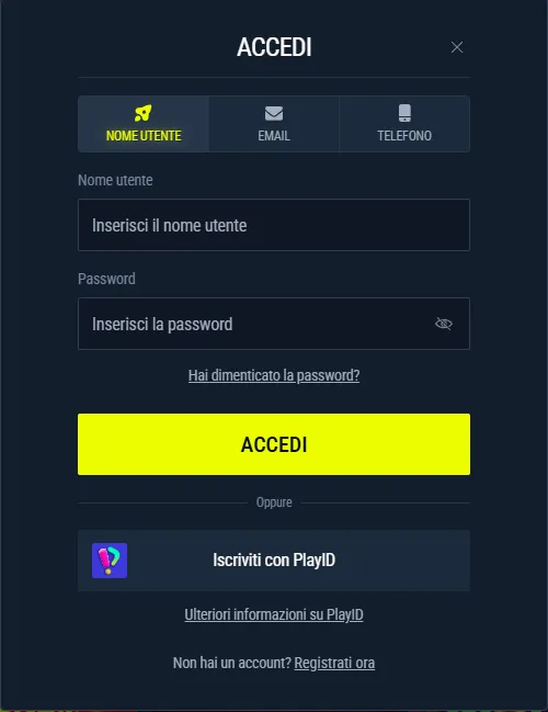 Modulo accesso Rabona con e-mail, password, Google e recupero password