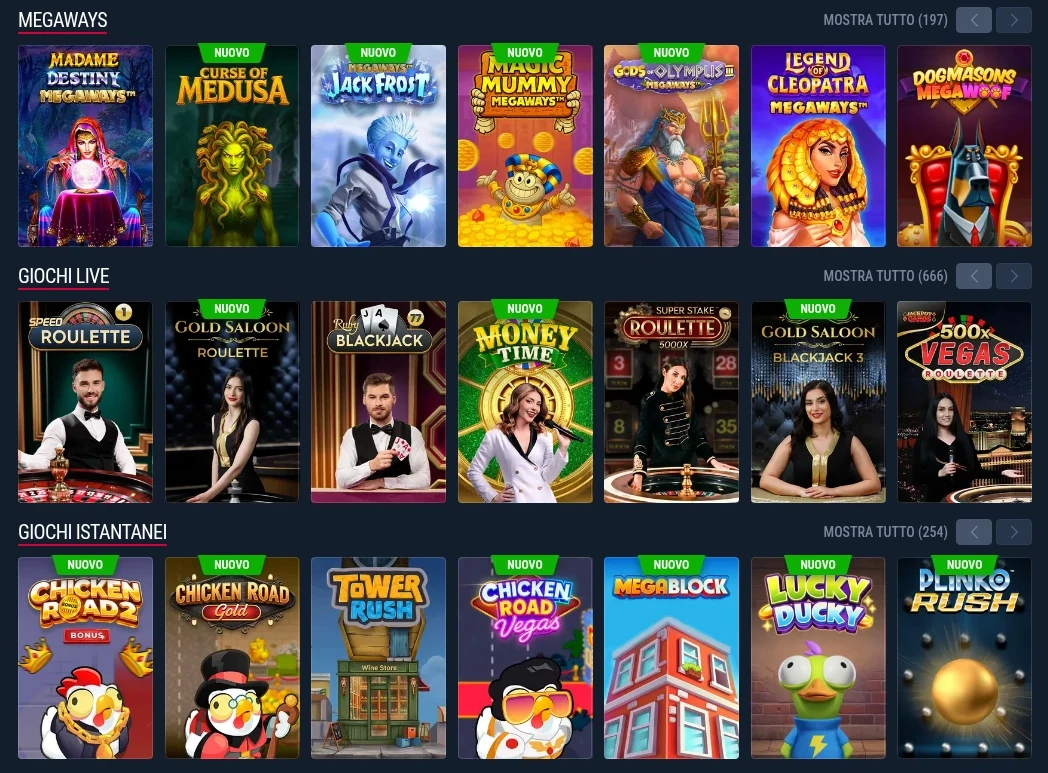 Lobby Rabona Casinò con slot e giochi live