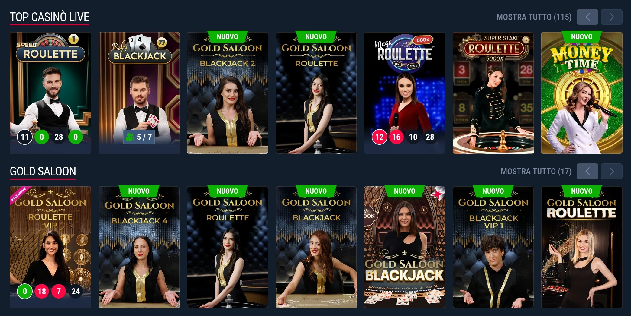 Giochi live Rabona con roulette e blackjack