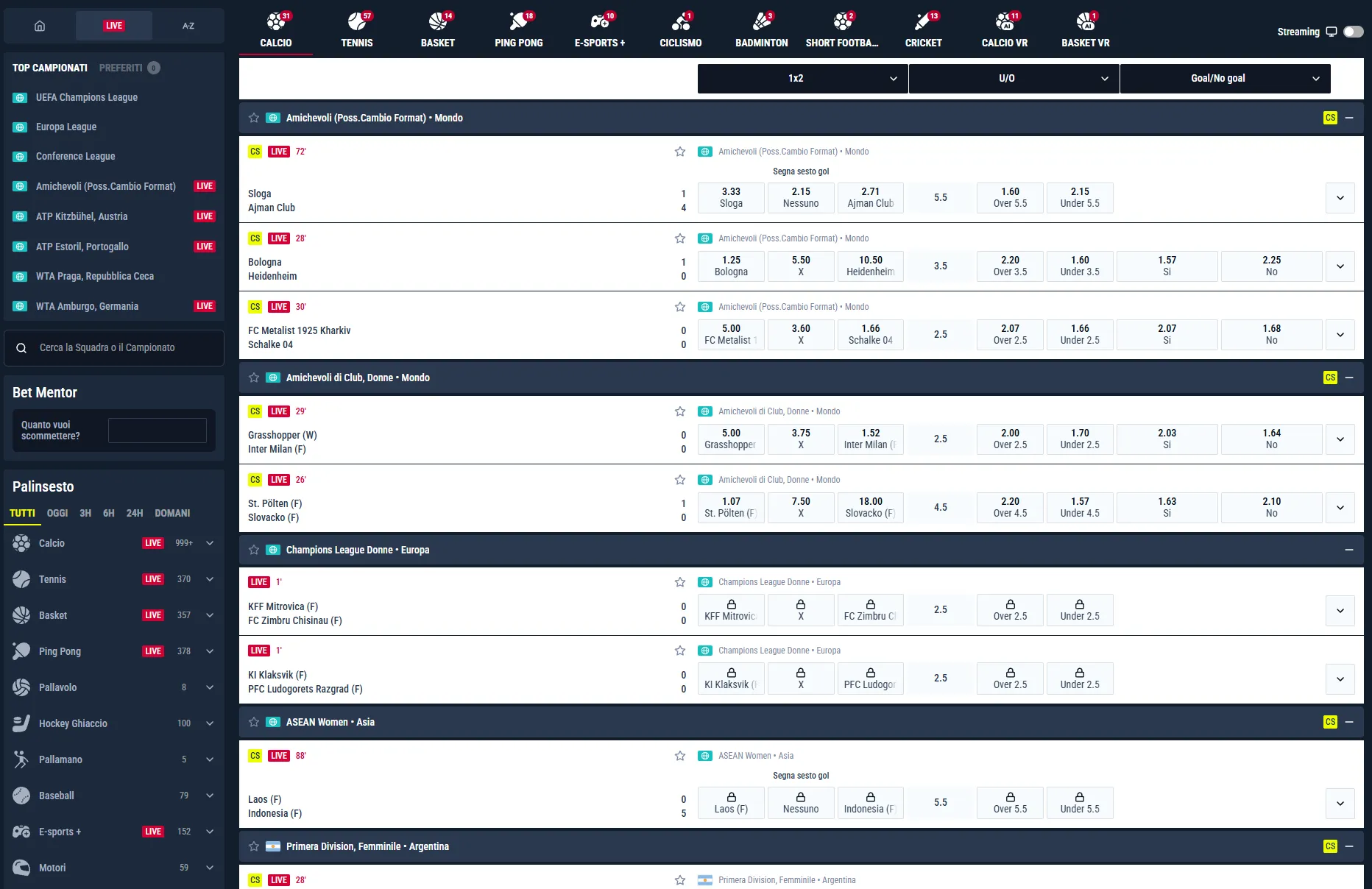 Interfaccia scommesse live Rabona con calcio e tennis