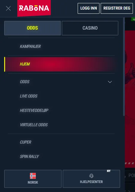 Meny og seksjoner på Rabona-mobilsiden