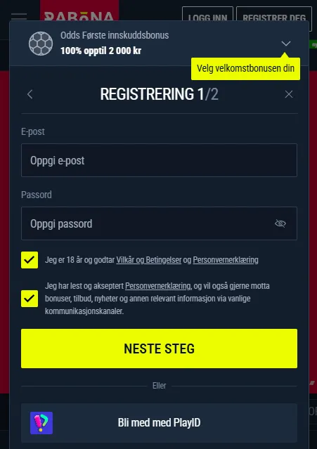 Registrering og kontohåndtering i Rabona fra mobil