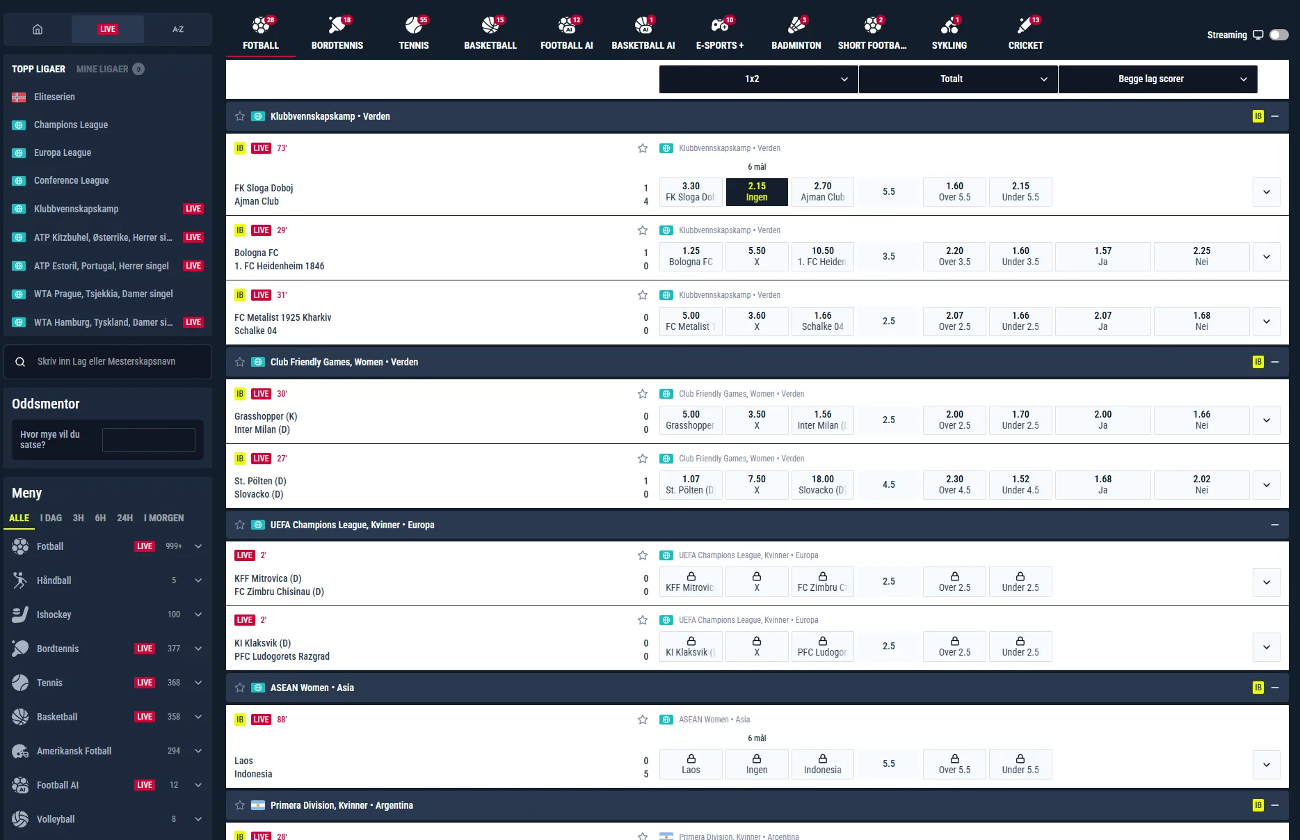 Rabona liveoddsspill med fotball og tennis live-markeder