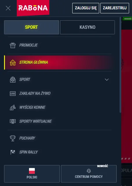 Menu i sekcje mobilnej wersji Rabona
