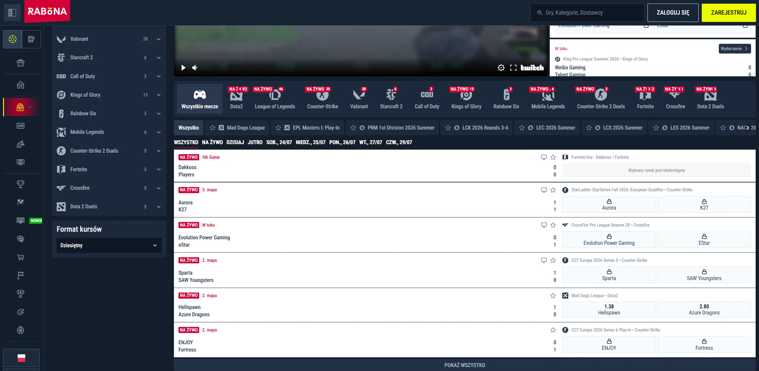 Menu esportowe Rabona z Counter-Strike, Dota 2 i Valorant