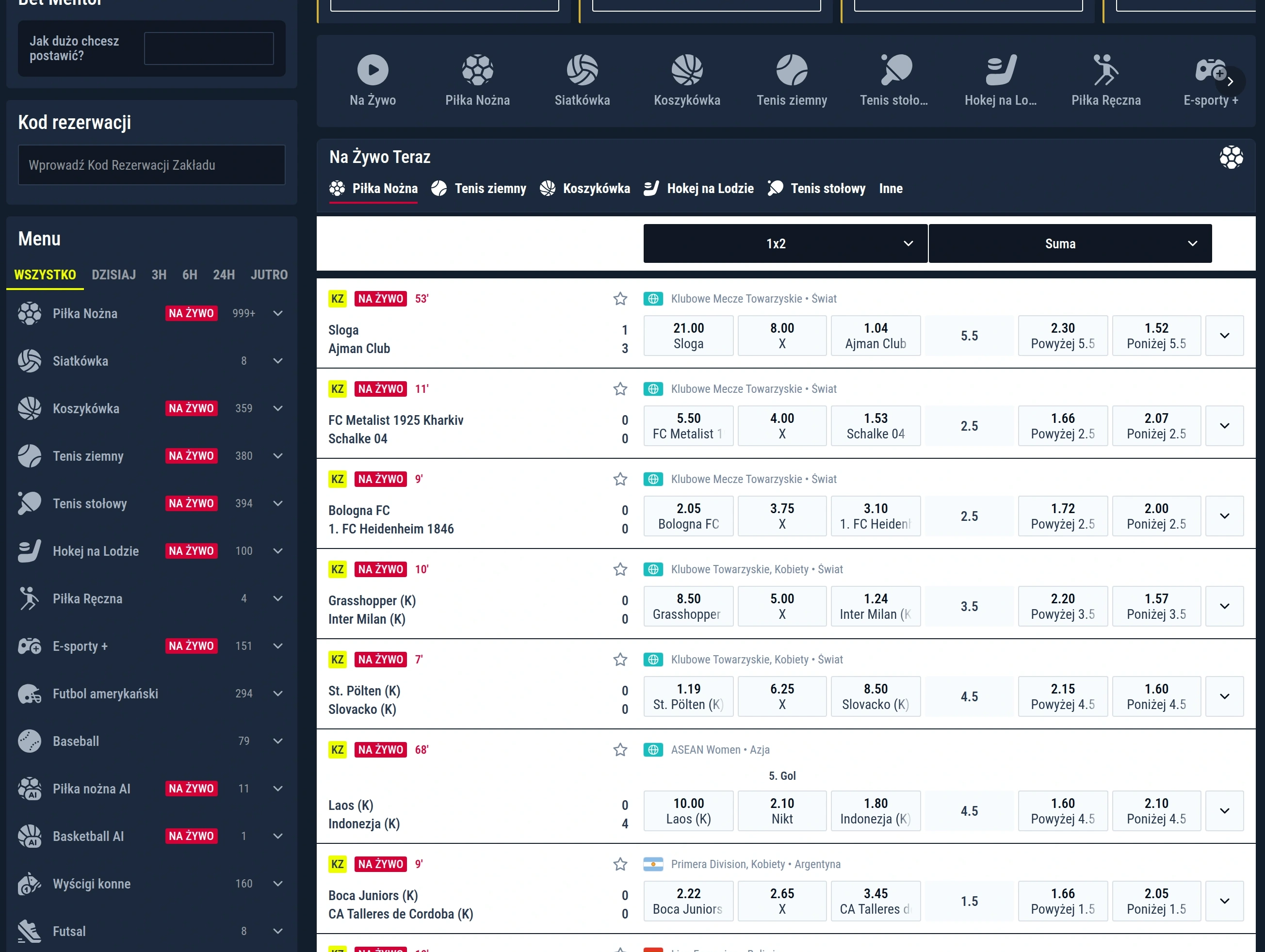 Interfejs statystyk i listy meczów Rabona Sportsbook