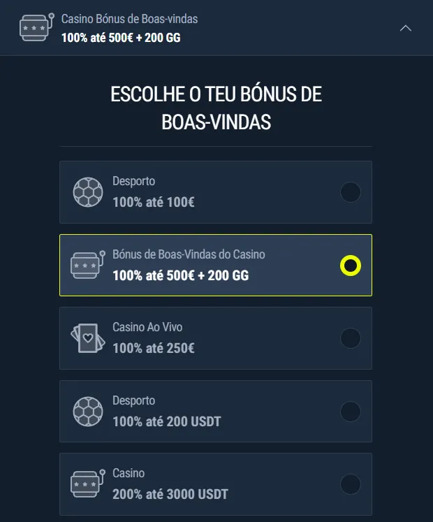 Ecrã de ativação de bónus Rabona sem código promocional