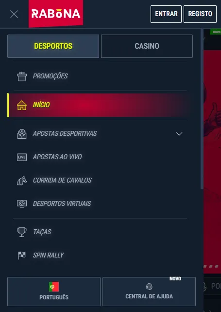Menu e secções da versão móvel da Rabona