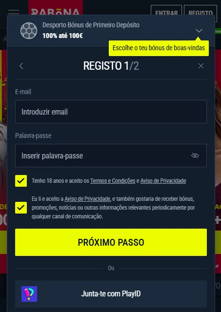 Registo e gestão da conta Rabona no telemóvel