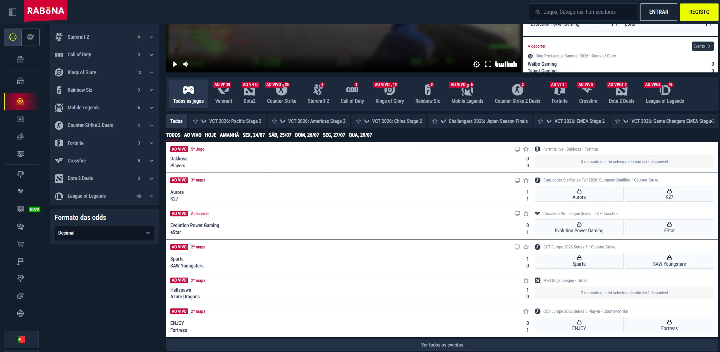 Menu Rabona Desporto eSports com Counter-Strike, Dota 2 e Valorant