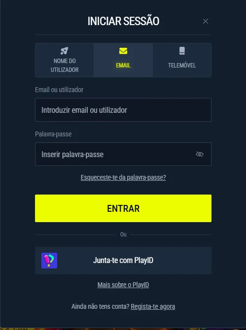 Formulário de login Rabona com e-mail, palavra-passe e recuperação de palavra-passe