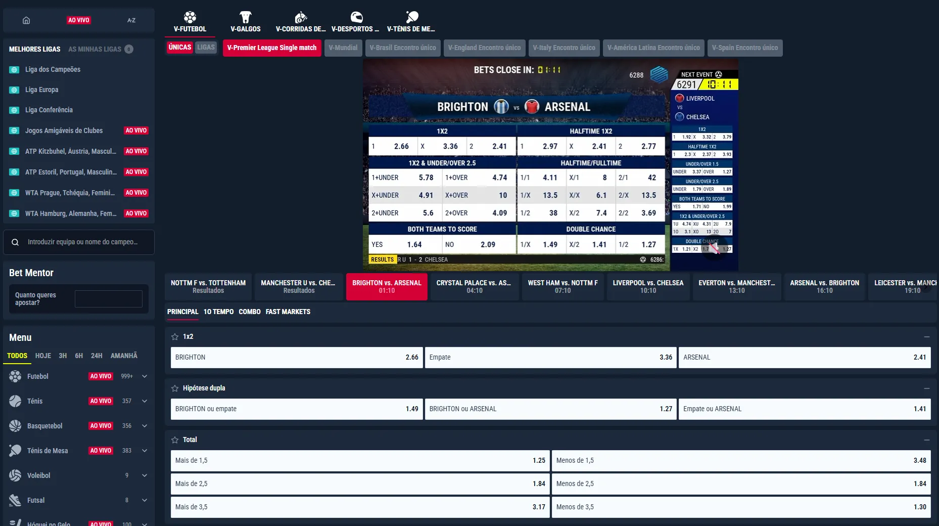 Interface Rabona com eSports e apostas múltiplas