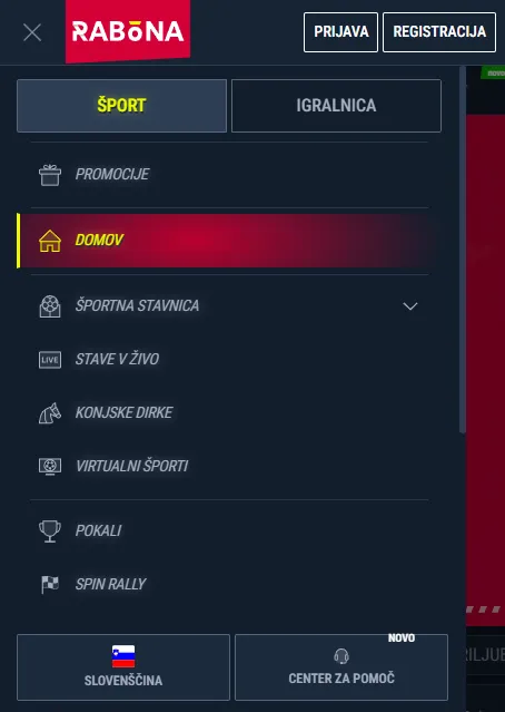 Meni in funkcije mobilne spletne aplikacije Rabona